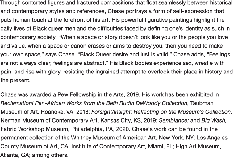 Through contorted figures and fractured compositions that float seamlessly between historical and contemporary styles   