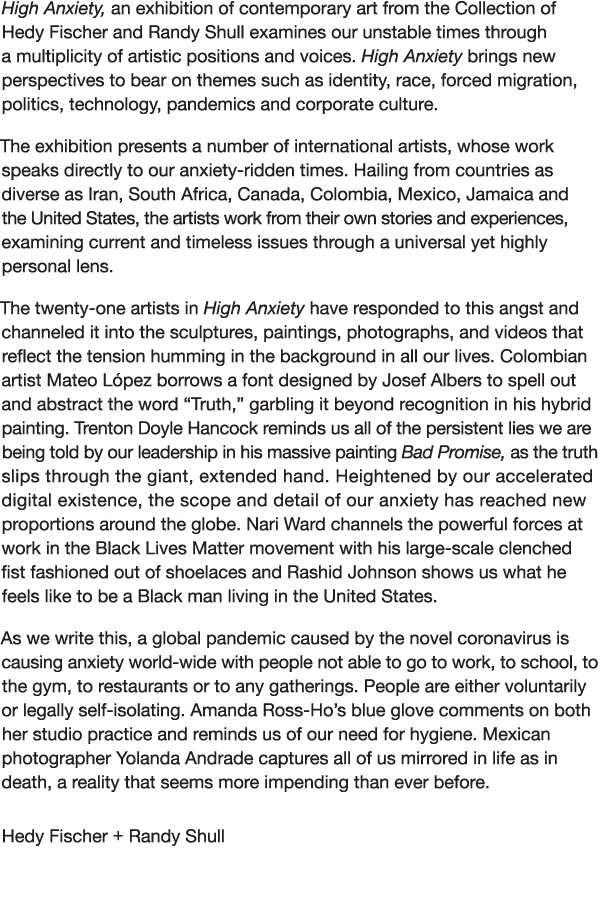 High Anxiety, an exhibition of contemporary art from the Collection of Hedy Fischer and Randy Shull examines our unst   